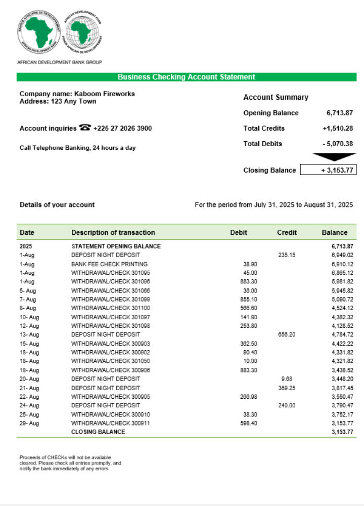 Relevé de la banque d'affaires pour le développement en Afrique Format Word et PDF
